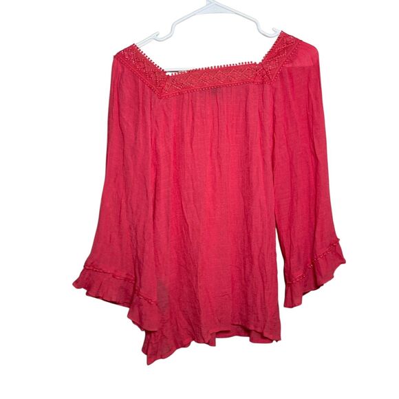 Zac & Rachel Blouse Women's Medium Pink Crochet Square Neck 3/4 Sleeve Boho Top - Picture 6 of 10